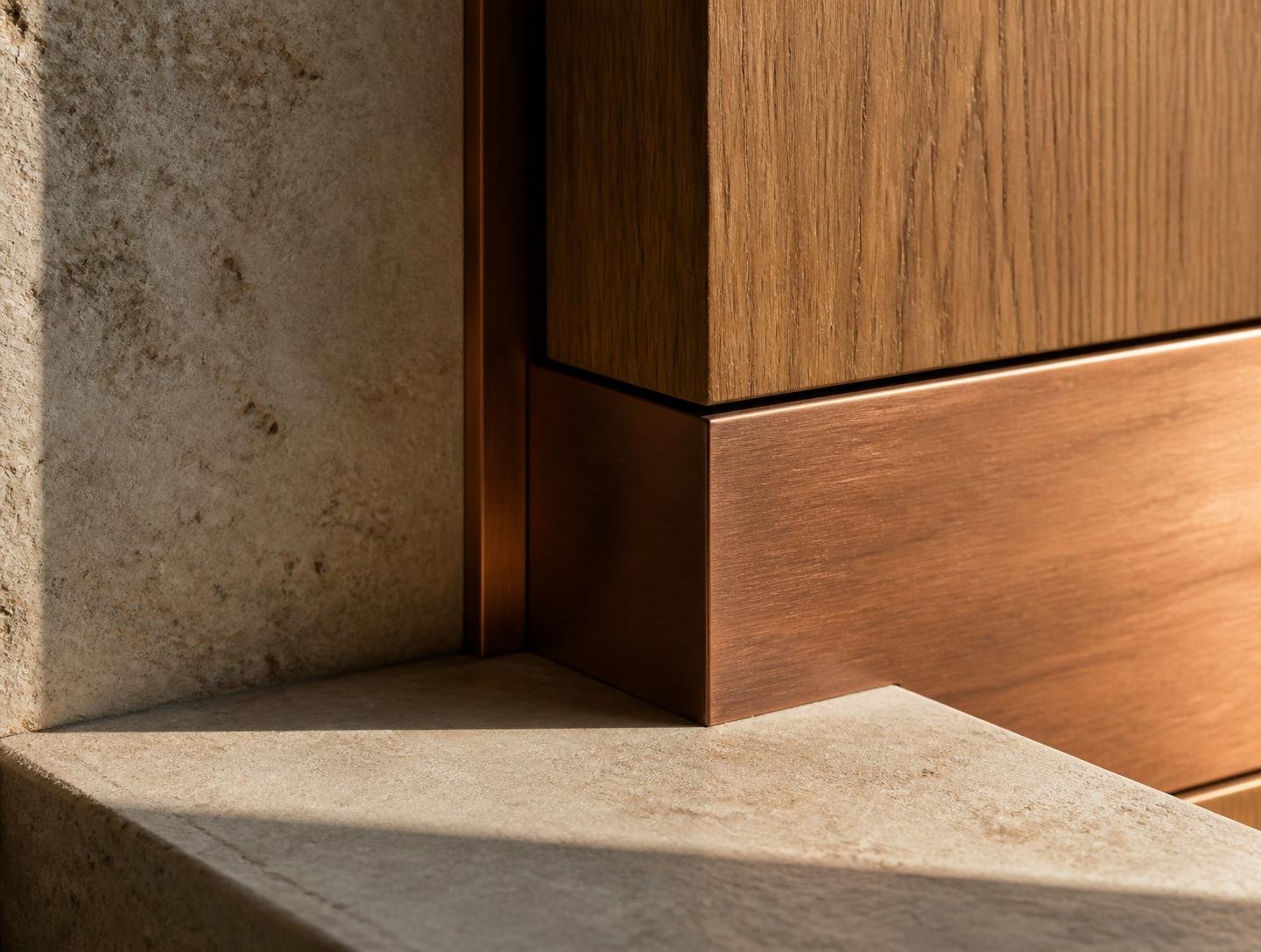 Detail of stone, oak and brushed copper meeting in raking sunlight