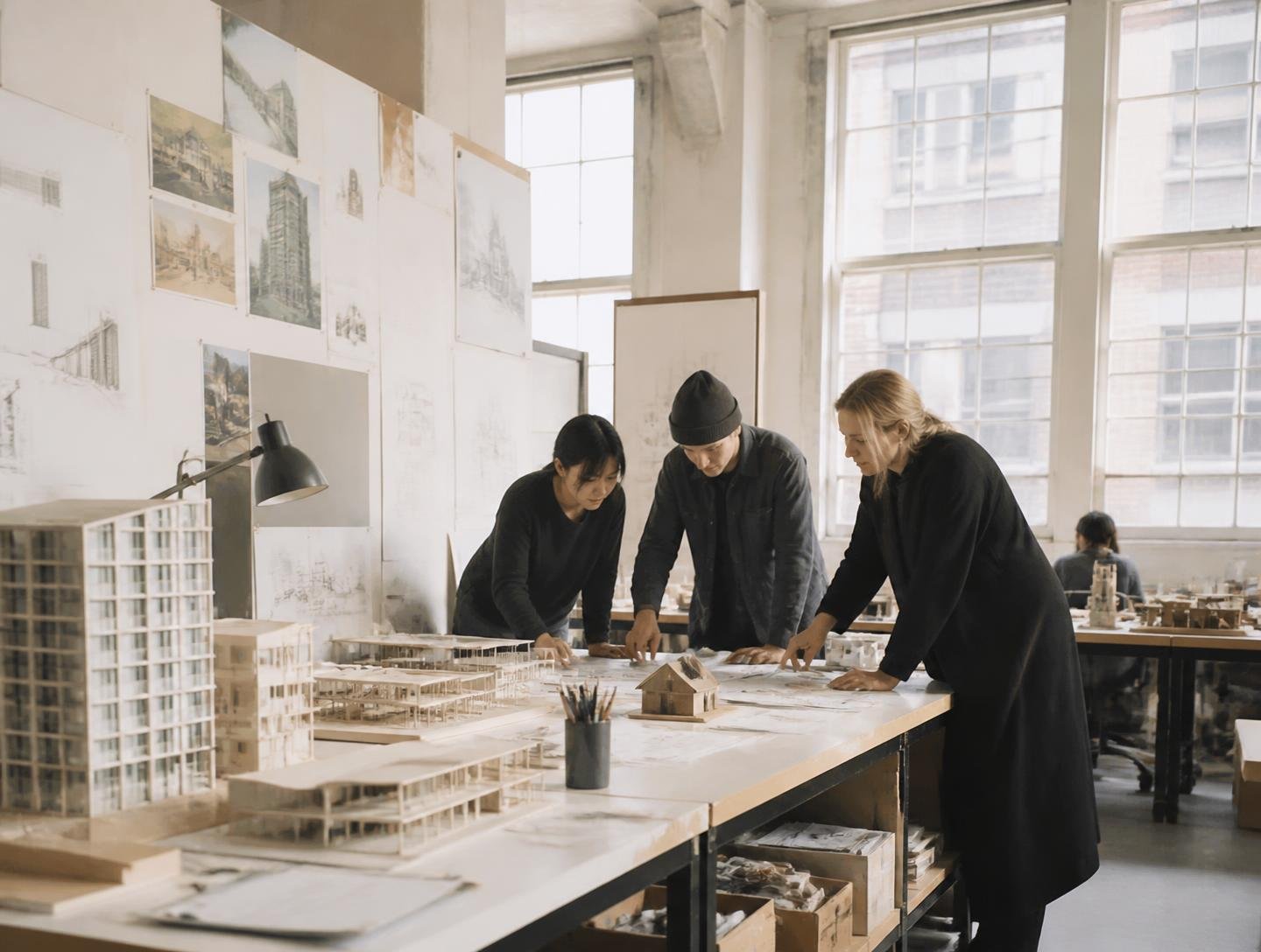 Architects reviewing physical models and drawings in the VEYRA studio